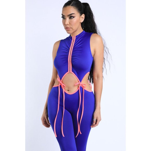 Hollow Out Patchwork Women String Tie Jumpsuit Zipper Sleeveless Bodycon - Picture 3 of 10